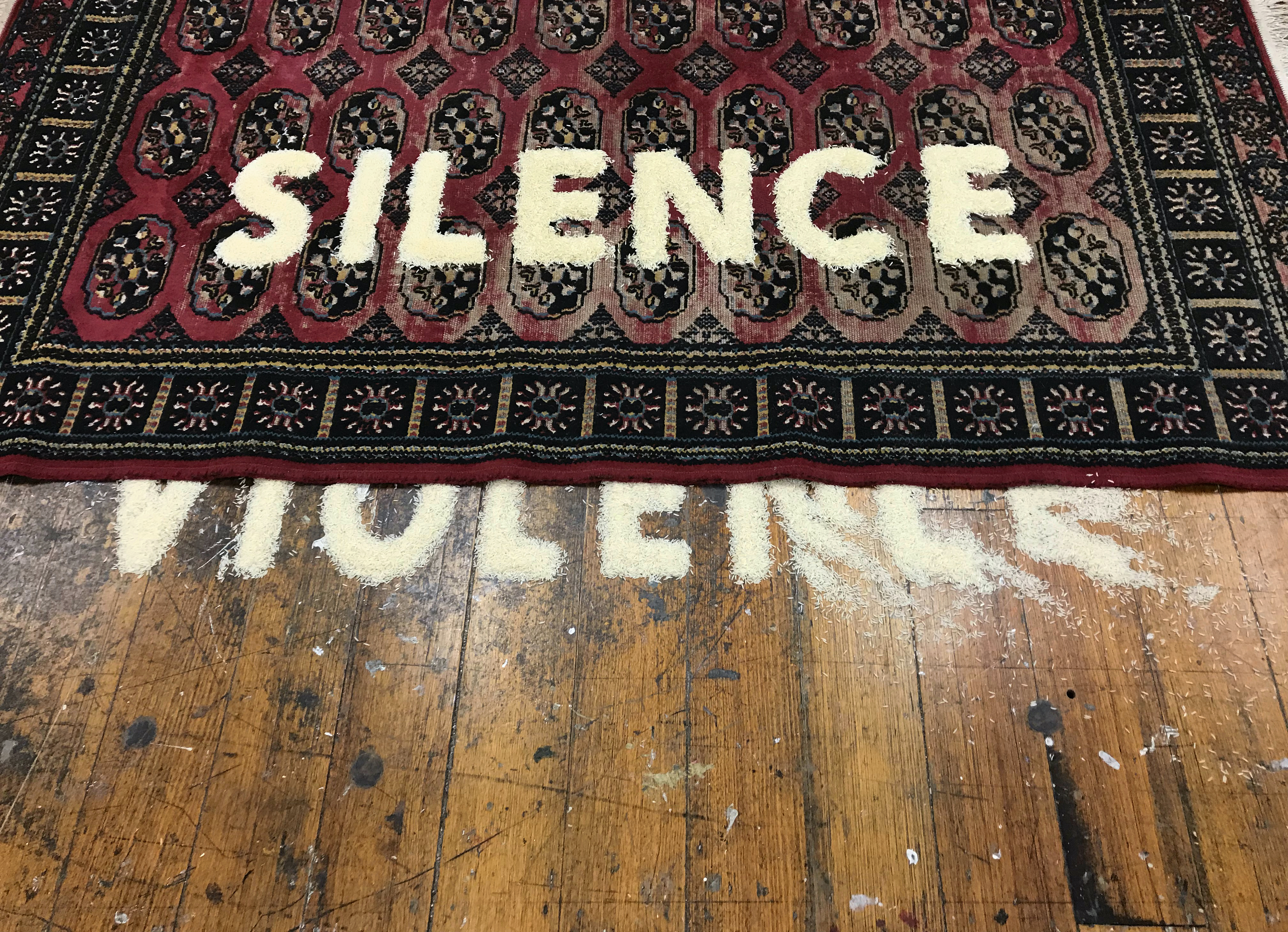 Claire Bridge, 'Silence/Violence', 2018, handwoven Bokhara rug, basmati rice, vintage books, 170 x 240cm with variable dimensions, installation view. Image courtesy the artist.