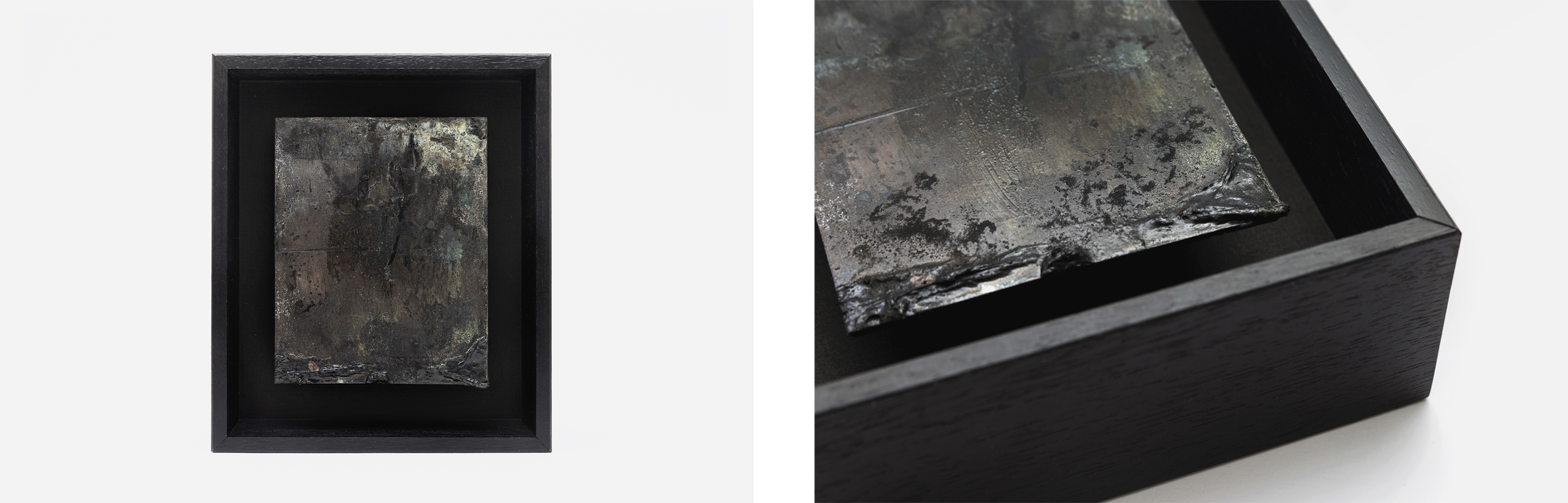 L - R: Darren Tanny Tan, 'Remnant', 2018, Photographic chemicals on plexiglass, framed, 15.5 x 18cm; 'Remnant' (detail), 2018. Images courtesy the artist.