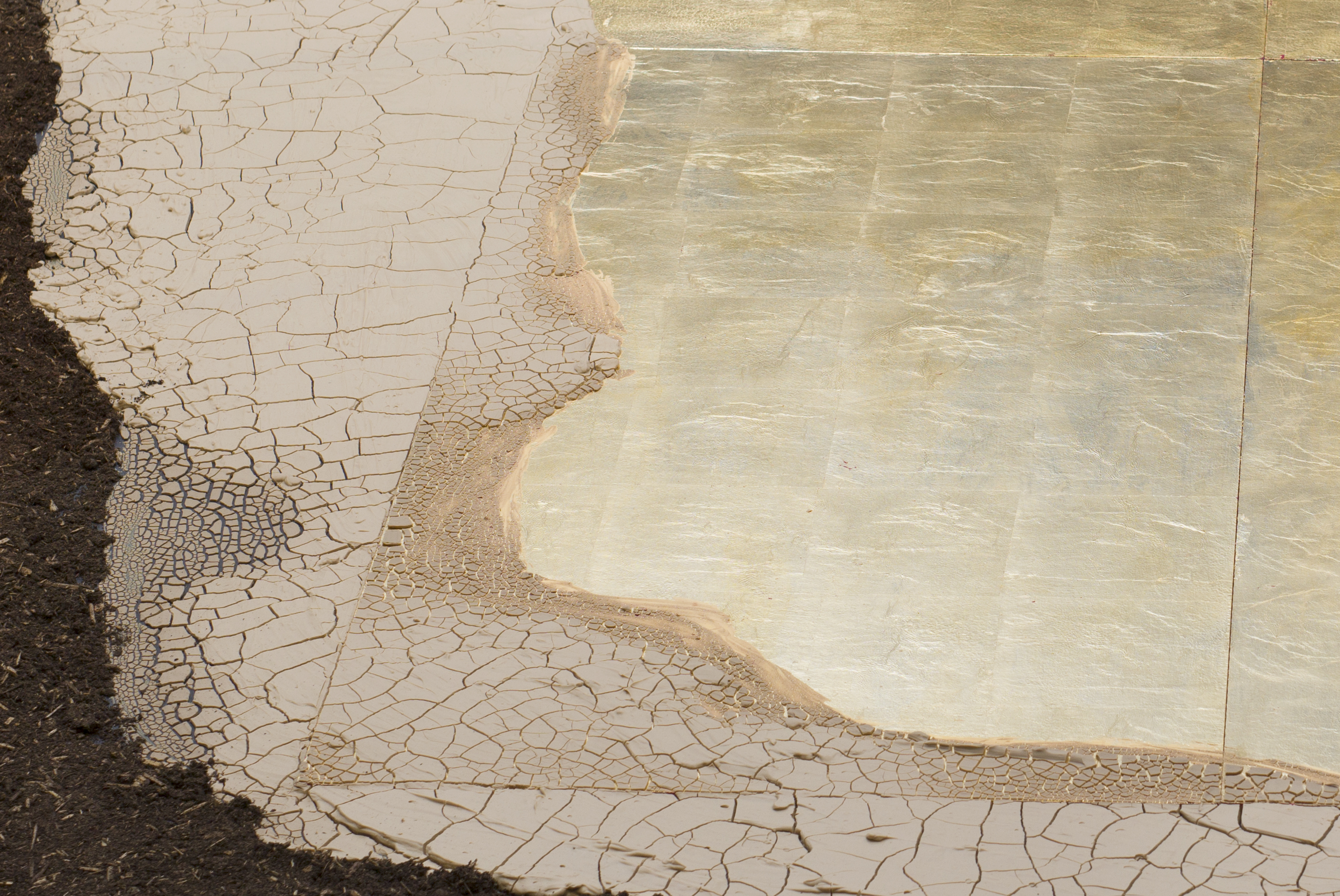 Azza Zein, 'Taskscape: Migrant lines in the depositing of movement' (detail), 2019,  clay, mica golden leaf on MDF, potting mix soil. Photo credit: Matthew Stanton